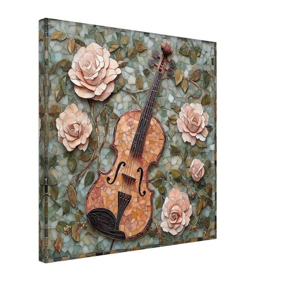 Floral Violin Mosaic, Mosaic Artwork Canvas of Instrument and