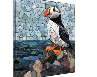 Encantador frailecillo posado, lienzo de mosaico de un ave marina sobre rocas, impresión artística en mosaico.