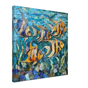 May include: A mosaic artwork depicting a school of colorful fish swimming in a blue and green underwater scene. The fish are yellow, orange, and blue with black stripes. The mosaic is made of small, colorful tiles.