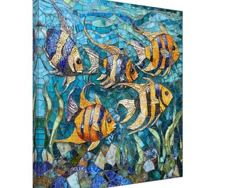 水中の海の生き物モザイク - 手作りの壁アート - 石、大理石