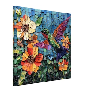 Jeweled Hummingbird Garden, Mosaic Artwork Canvas of a Bird with Flowers, Mosaic Tile Art Print