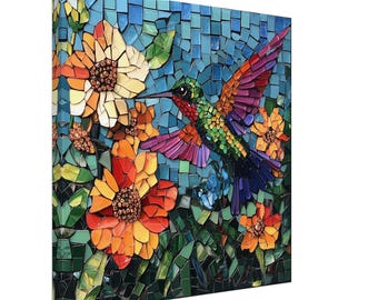 Giardino di colibrì gioiello, opera d'arte in mosaico su tela raffigurante un uccello con fiori, stampa artistica in mosaico di piastrelle
