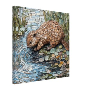 May include: A mosaic artwork depicting a brown otter drinking from a blue and green mosaic stream. The otter is made of small, brown, tan, and white tiles. The stream is made of small, blue, green, and white tiles.
