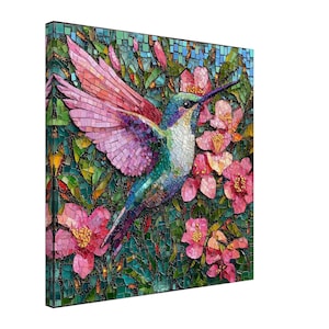 Hummingbird Floral Dance, Mosaic Artwork Canvas of a Bird with Blossoms, Mosaic Tile Art Print