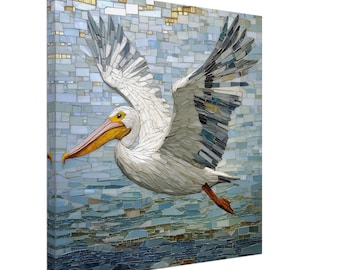 Graceful Pelican in Flight, Mosaic Artwork Canvas of a Soaring White Pelican, Mosaic Tile Art Print