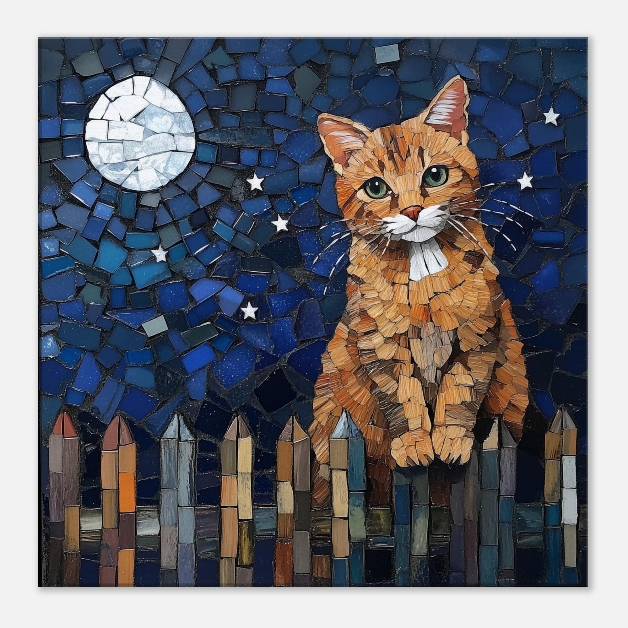 月明かりの徘徊、夜のフェンスに佇む猫のモザイクアートキャンバス