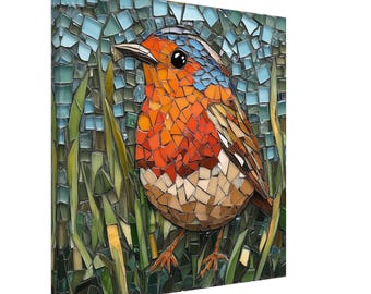 Canto alegre de petirrojo, lienzo de mosaico de un pájaro de jardín, impresión artística de mosaico