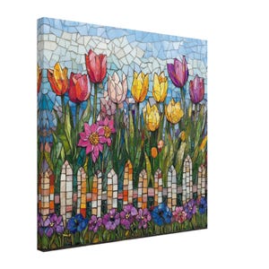 Spring Tulip Garden, Mosaic Artwork Canvas of Colorful Flowers, Mosaic Tile Art Print