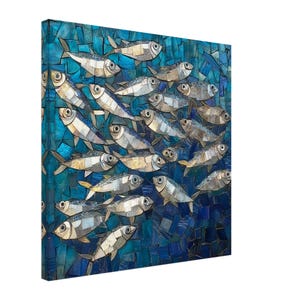 Silver School Current, Mosaic Artwork Canvas of a Fish Shoal, Mosaic Tile Art Print