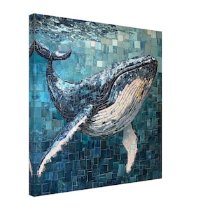 May include: A blue and white mosaic whale art print. The whale is swimming in a blue and green mosaic ocean.