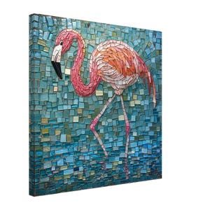 Graceful Flamingo Reflection, Mosaic Artwork Canvas of a Pink Bird, Mosaic Tile Art Print