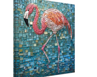 Reflejo elegante de flamenco, lienzo de mosaico de un pájaro rosa, impresión artística de mosaico