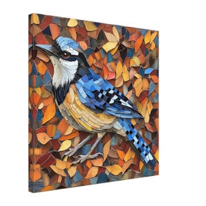 Arrendajo azul vibrante, lienzo con obra de arte en mosaico de un pájaro colorido, impresión artística en mosaico imagen 1