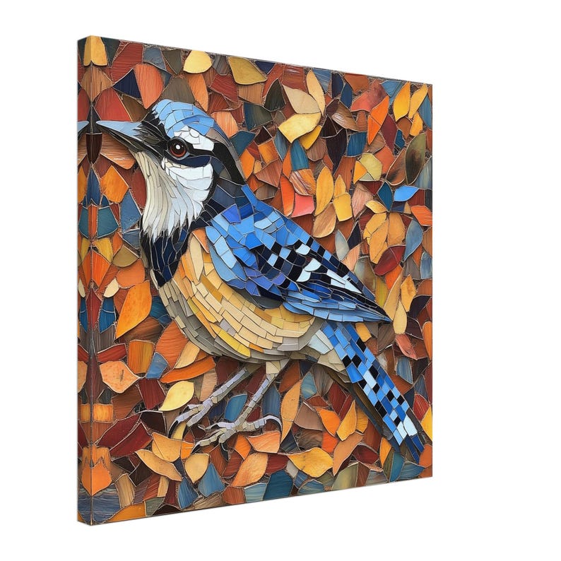 Arrendajo azul vibrante, lienzo con obra de arte en mosaico de un pájaro colorido, impresión artística en mosaico imagen 1