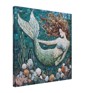 Ocean Serenade, Mosaic Artwork Canvas av en graciös sjöjungfru, Mosaic Tile Art Print