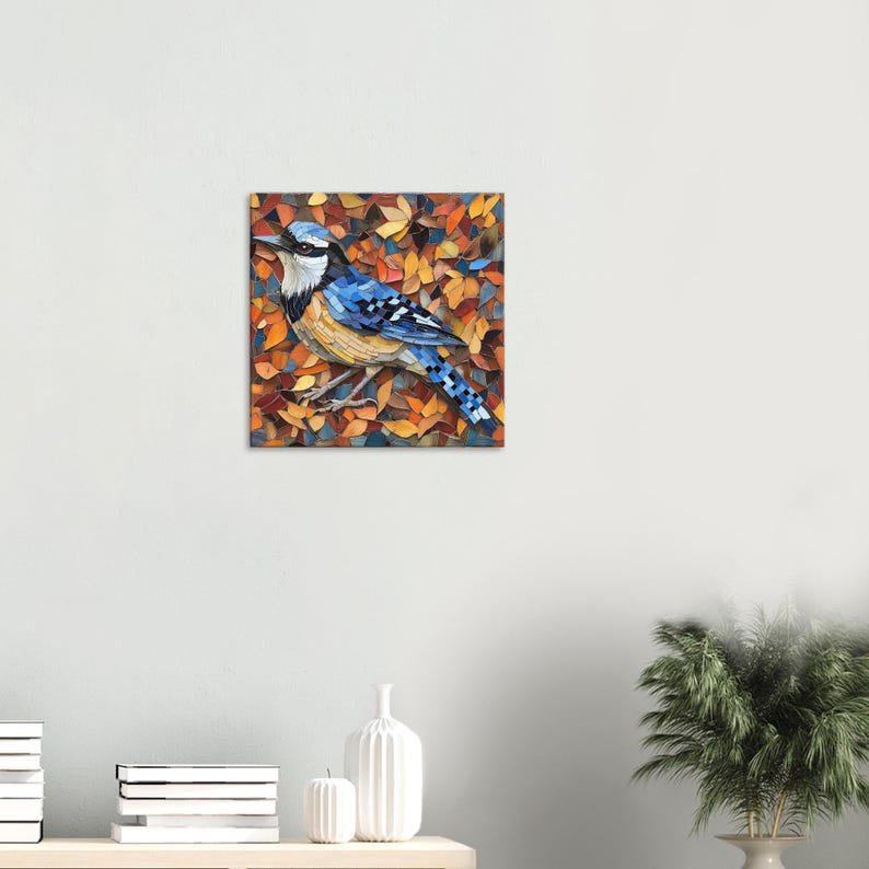 Arrendajo azul vibrante, lienzo con obra de arte en mosaico de un pájaro colorido, impresión artística en mosaico imagen 3