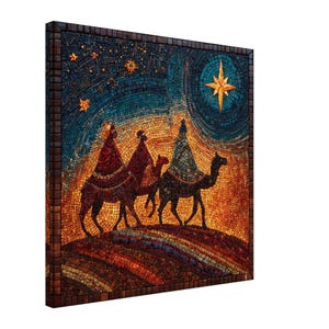 May include: A mosaic artwork showing the three wise men on camels, under a starry night sky with a bright star. The piece uses a warm colour palette of oranges, browns, and blues, with a dark brown frame.