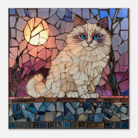 月明かりの荘厳さ、月明かりに照らされたふわふわの猫のモザイクアート