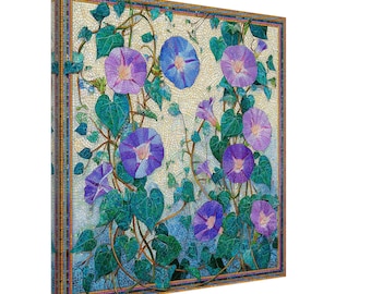 Vibrant Morning Glory Vine, Mosaic Artwork Canvas of Blue and Purple Flowers, Mosaic Tile Art Print