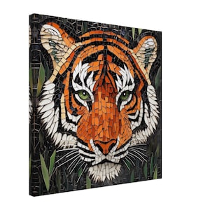 May include: Close-up of a tiger's face created with a mosaic of colorful tiles. The tiger's green eyes are prominent, and the orange, black, and white tiles create a realistic depiction of the animal's fur.