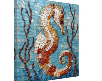 Seahorse Serenade, Mosaic Artwork Canvas of a Seahorse, Mosaic Tile Art Print