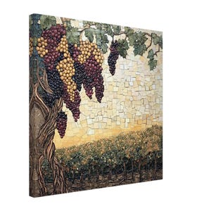 May include: A mosaic artwork depicting a grapevine with bunches of red, purple, and yellow grapes hanging from the branches. The background shows a vineyard with rows of grapevines.