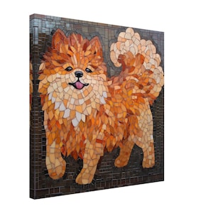 May include: A mosaic artwork of a fluffy orange dog with a happy expression. The dog is made of small, colorful tiles and is set against a dark background.