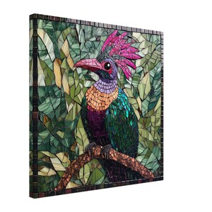May include: A mosaic artwork depicting a colorful bird with a pink crest perched on a branch. The bird is surrounded by green leaves and has a purple, orange, and green body.