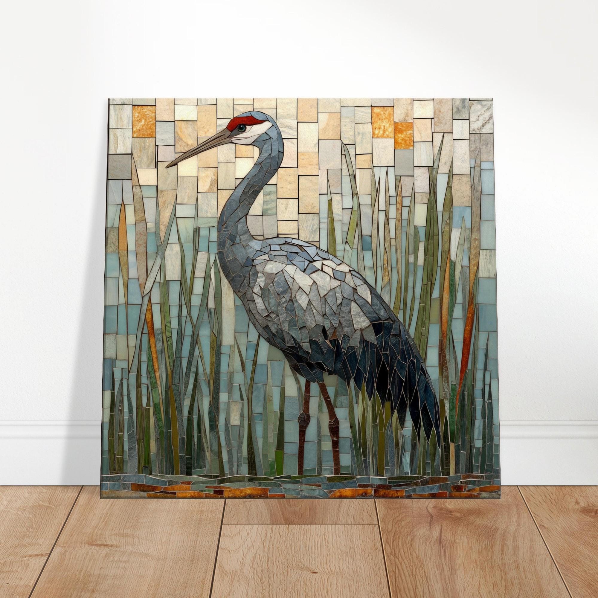 Graceful Marsh, Mosaic Artwork Canvas of a Crane in Reeds, Mosaic Tile ...