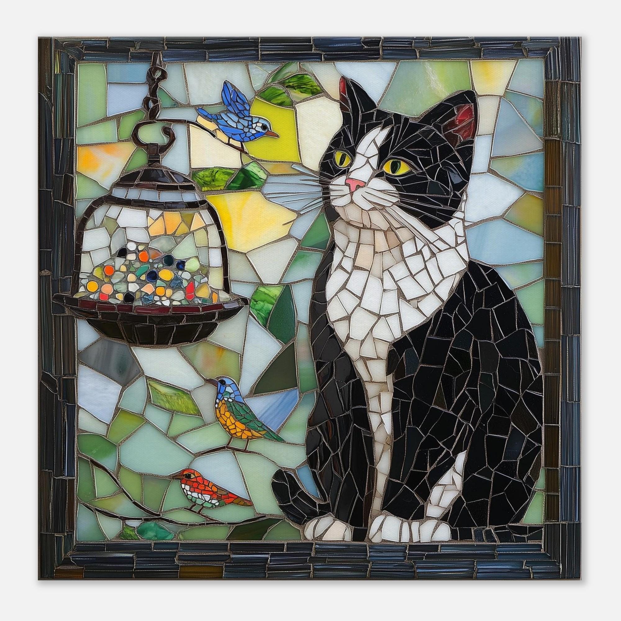モザイクアート 小型キャンバス作品 窓辺の観察者、鳥を観察する猫のモザイクアートキャンバス、モザイク