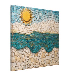 May include: A mosaic artwork depicting a beach scene with a bright yellow sun, blue waves, and white sand. The mosaic is made of small, colorful tiles.