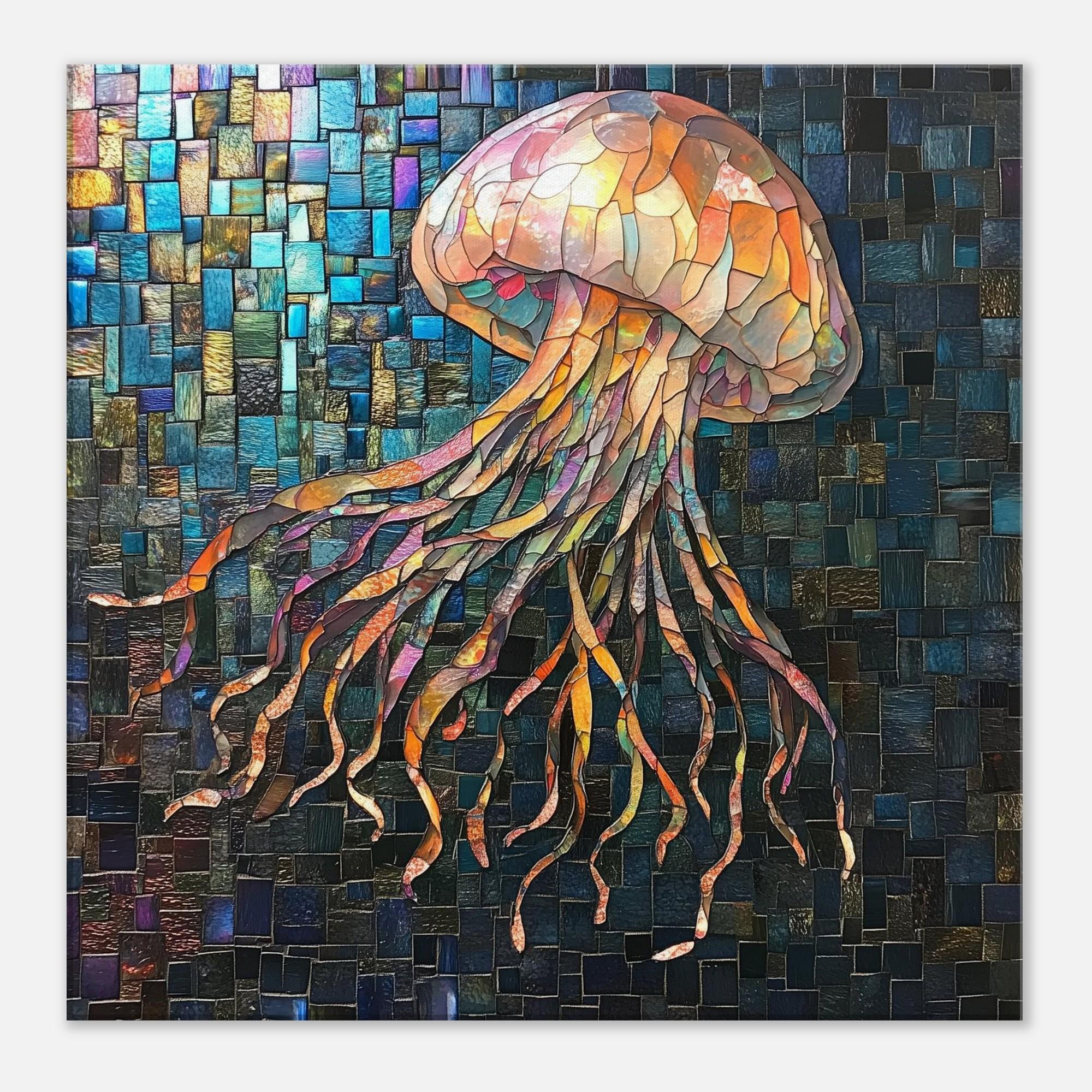 クラゲの油絵【浮遊】作者サイン入り/真作/F3号キャンバス 浮かぶクラゲ、クラゲのモザイクアートキャンバス、モザイクタイル