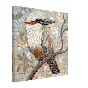 May include: A mosaic artwork featuring a brown and white bird with a long beak perched on a branch. The background is a mosaic of blue, brown, and beige tiles.