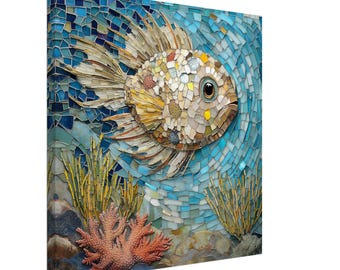 水中の海の生き物モザイク - 手作りの壁アート - 石、大理石