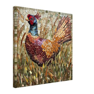 May include: A mosaic artwork depicting a pheasant in a field of wheat. The bird has a red crest, blue and black neck, and a body of brown, purple, and orange tiles. The background features wheat stalks and a mosaic of various earth tones.