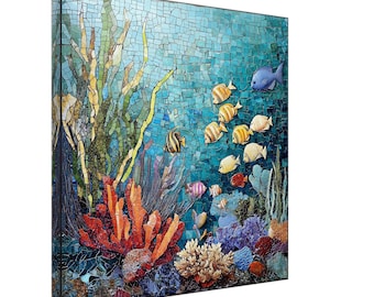 コーラルシティシンフォニー、鮮やかなサンゴ礁の風景を描いたモザイクアートキャンバス、モザイクタイルアートプリント