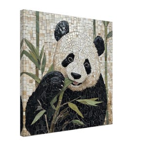 May include: A mosaic artwork featuring a panda bear enjoying a mouthful of bamboo. The panda is crafted from black, white, and grey tiles, while the bamboo is made of green tiles. The background is a mosaic of beige and brown tiles.