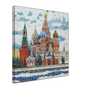 May include: A mosaic artwork depicting St. Basil's Cathedral in Moscow, Russia. The cathedral is a vibrant red with colorful onion domes and intricate details. The artwork is set against a blue sky with white clouds.