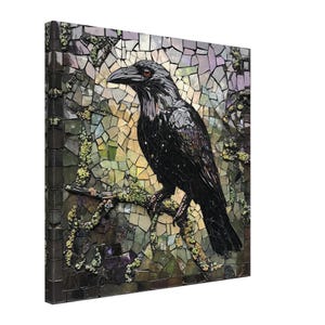 May include: A mosaic artwork depicting a black raven perched on a branch. The raven is rendered in detail with black and dark grey tiles, while the branch and background are made of a variety of green, brown, and purple tiles.