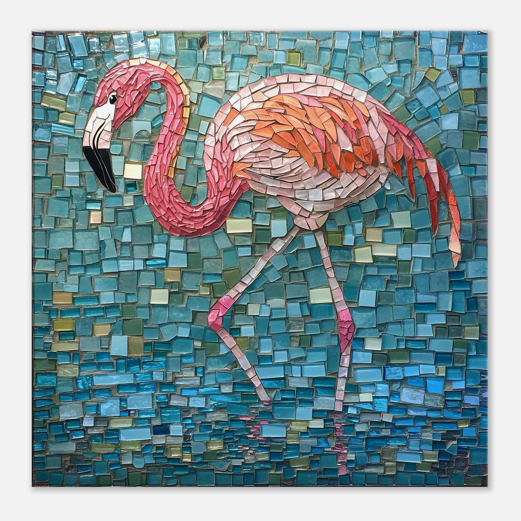 モザイクアート 鳥の絵画 優雅なフラミンゴの反射、ピンクの鳥のモザイクアートワークキャンバス