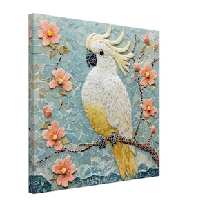 Elegante Kakadu Blüte, Mosaik Kunstwerk Leinwand eines Papageis mit Blumen, Mosaik Fliesen Kunstdruck