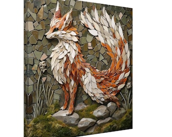 Fiery Fox, Mosaic Artwork Canvas of a Red Fox, Mosaic Tile Art Print