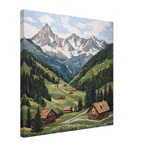 May include: A canvas print of a mountain landscape featuring snow-capped peaks, green hills, and small wooden houses. The artwork depicts a valley with a road winding through it, and a red cross on one of the buildings.