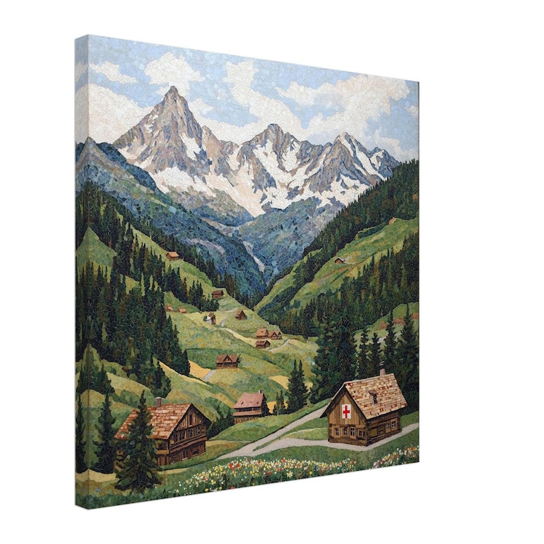 Alpine Village Mosaic, Mosaic Artwork Canvas of Mountain Valley, Mosaic ...