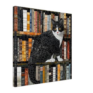 May include: A black and white cat with yellow eyes sits on a shelf filled with colorful books. The cat is made of mosaic tiles.