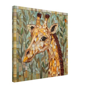 May include: A mosaic artwork of a giraffe's head with a brown and yellow patterned design. The giraffe is set against a background of green and brown mosaic leaves.