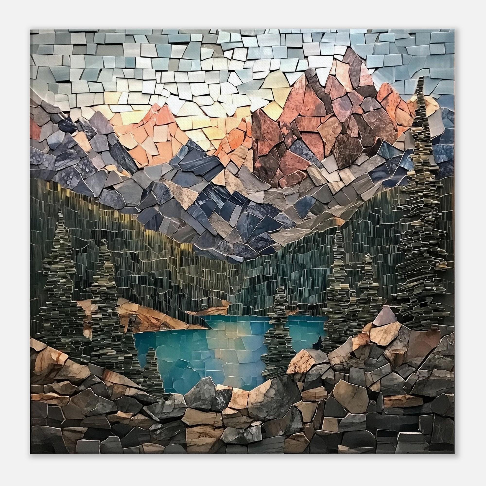 Rocky Lake Mosaic, Mosaic Artwork Canvas of Mountain Lake, Mosaic