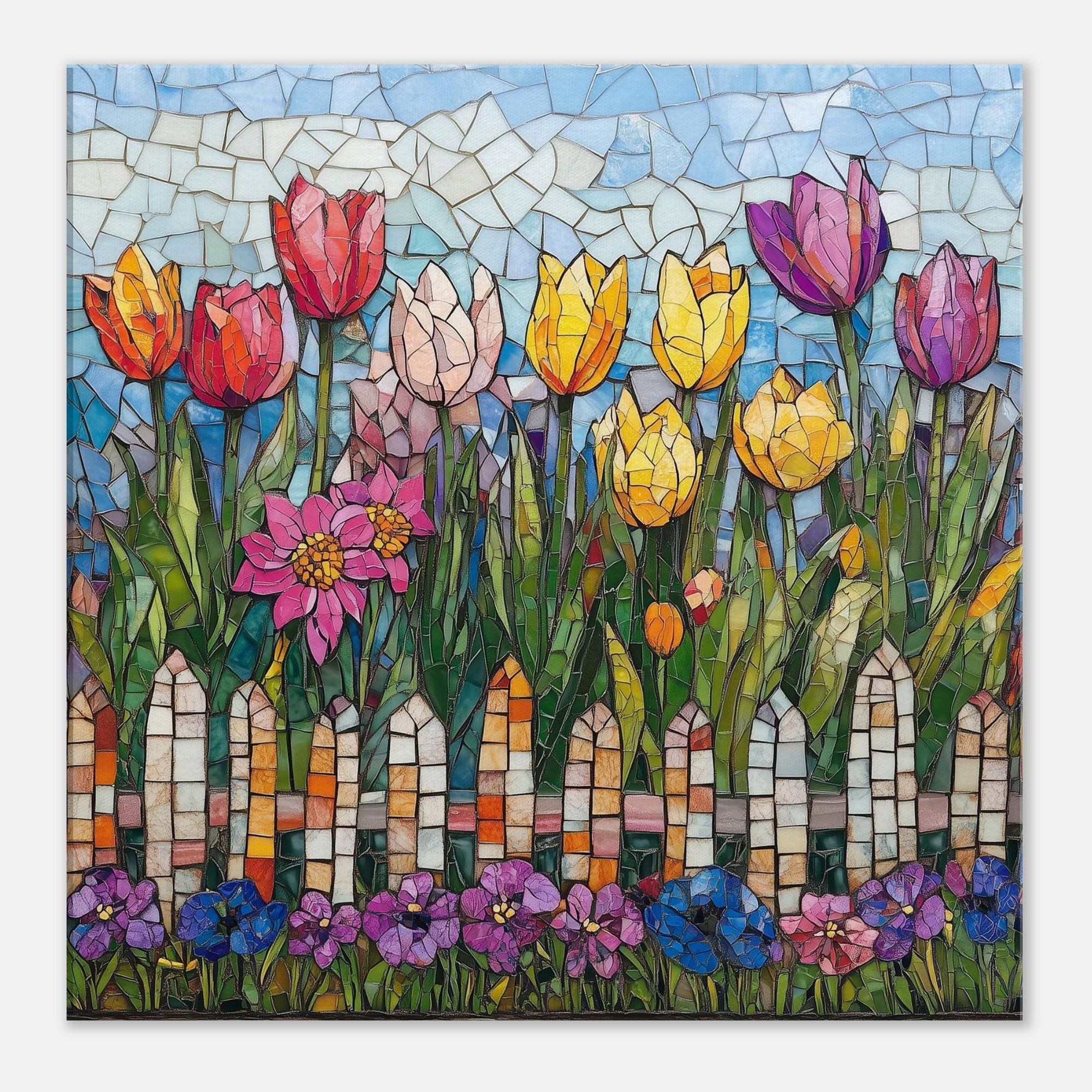 Spring Mosaic Post Spring Tulip Garden, Mosaic Artwork Canvas of Colorful Flowers, Mosaic ...