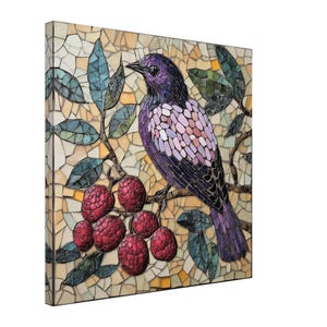 May include: A mosaic artwork featuring a purple bird perched on a branch with red berries. The bird has a white and purple patterned chest. The background is a mosaic of various colors, including yellow, green, and blue. The artwork is on a square canvas.