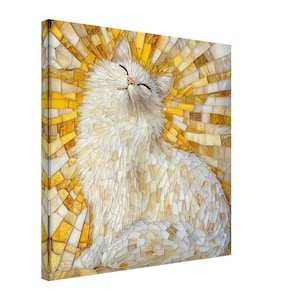May include: A white cat with a mosaic pattern, smiling with its eyes closed. The cat is sitting on a yellow and gold mosaic background.
